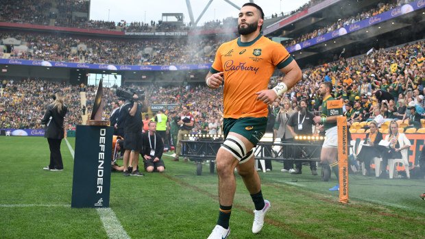 Luke Reimer of the Wallabies takes to the field at Suncorp Stadium.