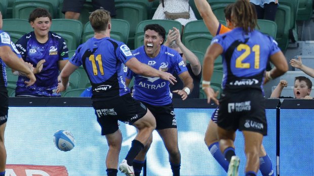 Ben Donaldson of the Force celebrates after scoring the winning try.
