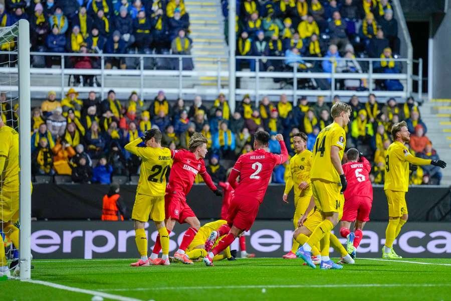 FC Twente's players cheers after an own goal by Bodo/Glimt