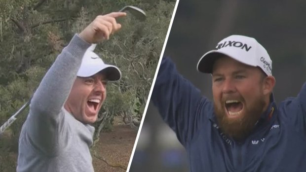 Rory McIlroy and Shane Lowry celebrate after hitting holes in one during the opening round of the Pebble Beach Pro Am.
