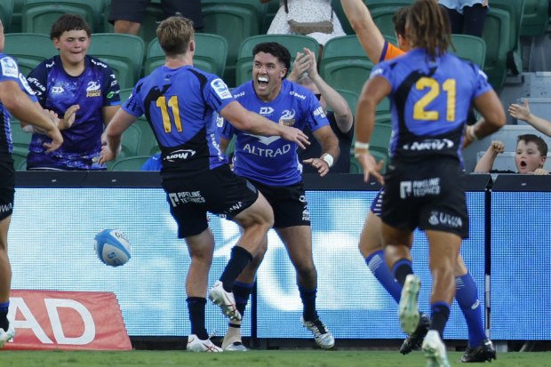 Ben Donaldson of the Force celebrates after scoring the winning try.