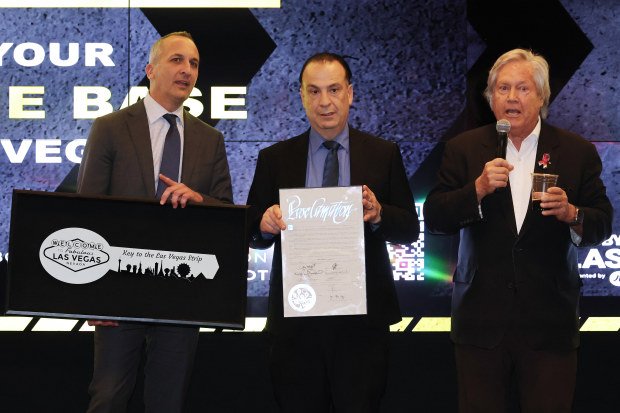 Andrew Abdo and Peter V'landys are given the key to the city during the NRL Las Vegas media launch at the NRL Fan Hub at Resorts World Las Vegas on February 26, 2025 in Las Vegas, Nevada. (Photo by Ethan Miller/Getty Images)