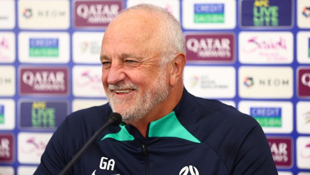 Head coach Graham Arnold chats with the media at Cbus Super Stadium.