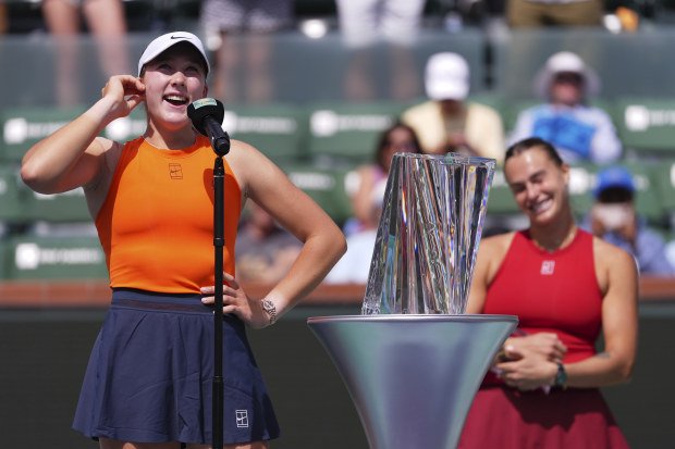 Mirra Andreeva of Russia smiles after winning the BNP Paribas Open.