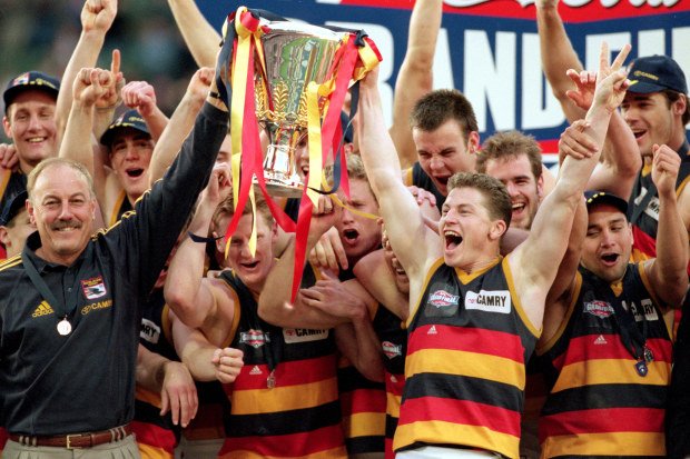 Mark Bickley and Malcolm Blight lifting the premiership cup in 1998