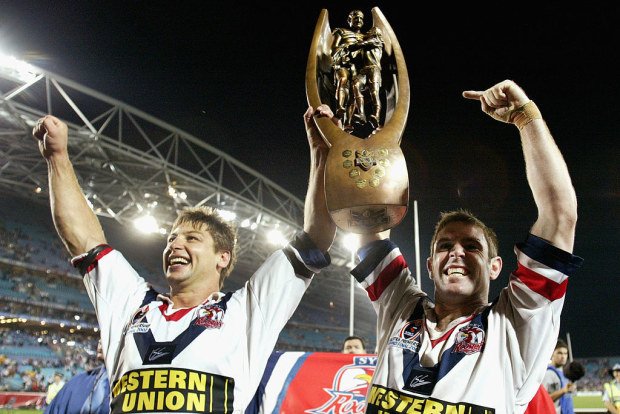 Luke Ricketson and Brad Fittler celebrating their NRL Grand Final win in 2002.