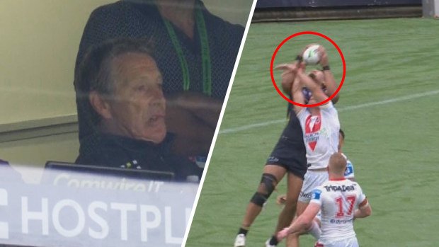 Craig Bellamy reacts as a crucial Eli Katoa try is wiped out by the Bunker against the Dragons.