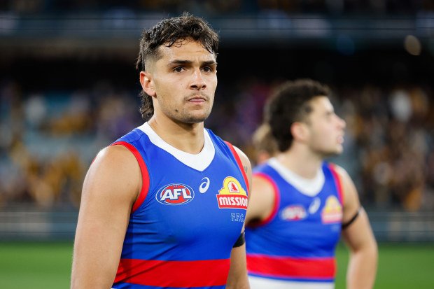 Jamarra Ugle-Hagan of the Bulldogs looking dejected after their 2024 elimination final loss to Hawthorn.