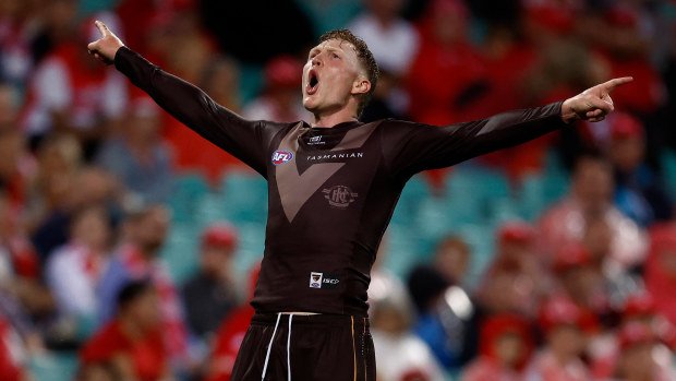James Sicily celebrates a goal against the Sydney Swans.