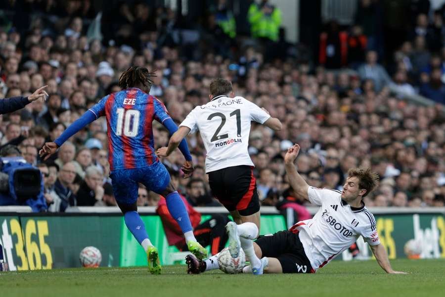 Fulham's Joachim Andersen tackles Crystal Palace ace, Eberechi Eze, during the Emirates FA Cup quarter-final match Fulham's Joachim Andersen tackles Crystal Palace ace, Eberechi Eze, during the Emirates FA Cup quarter-final match