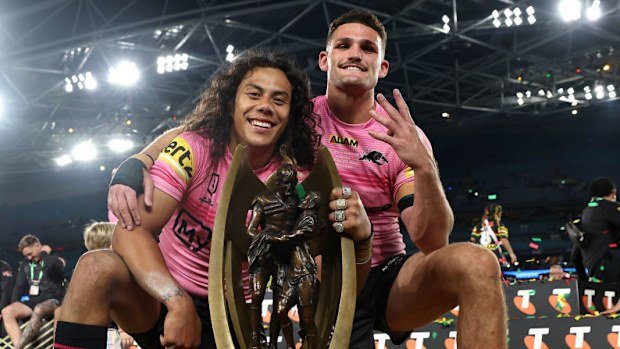Jarome Luai and Nathan Cleary of the Panthers.