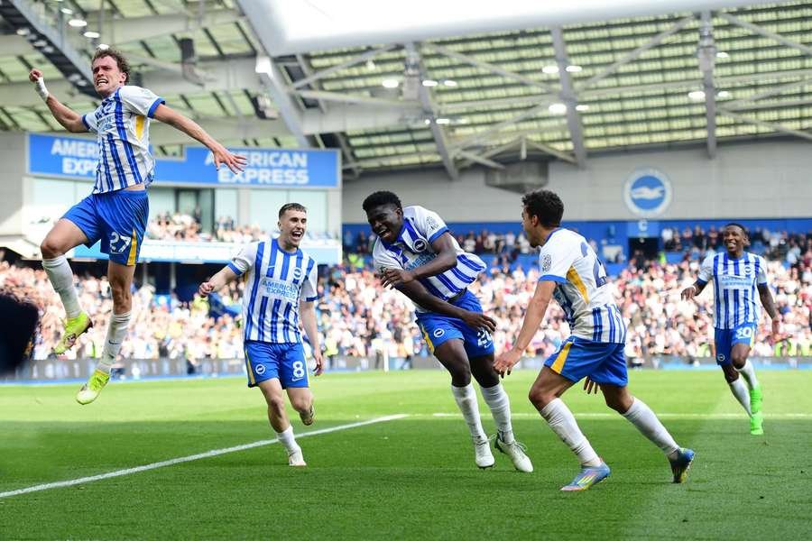 Brighton players celebrate with Carlos Baleba after he scored the winning goal against West Ham Brighton players celebrate with Carlos Baleba after he scored the winning goal against West Ham