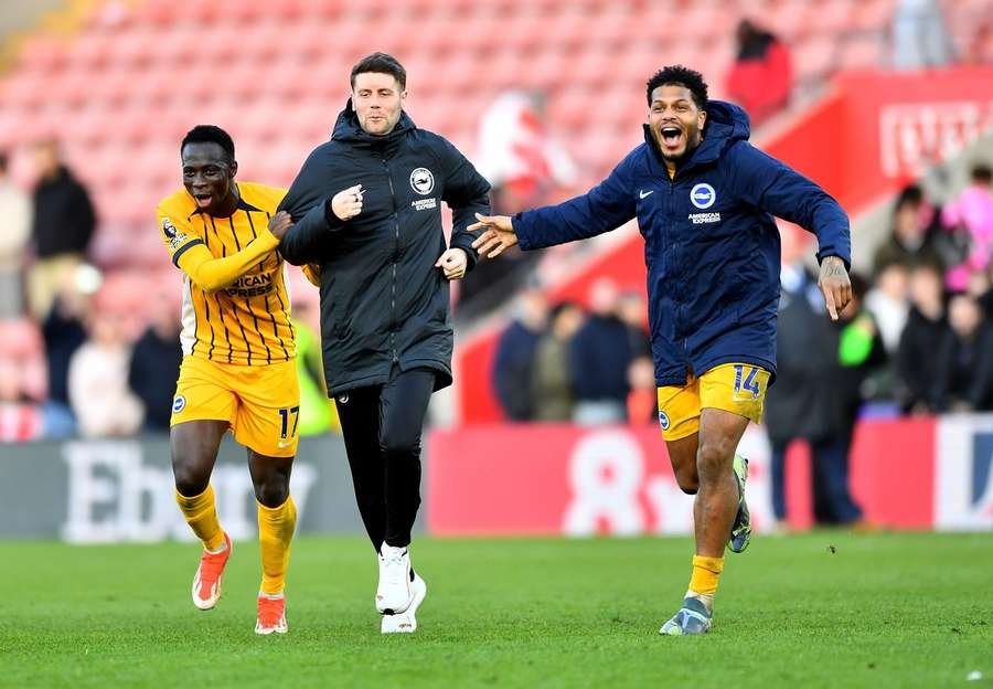 Brighton's Yankuba Minteh and Georginio Rutter celebrate with manager, Fabian Hurzeler, after a win over Southampton Brighton's Yankuba Minteh and Georginio Rutter celebrate with manager, Fabian Hurzeler, after a win over Southampton