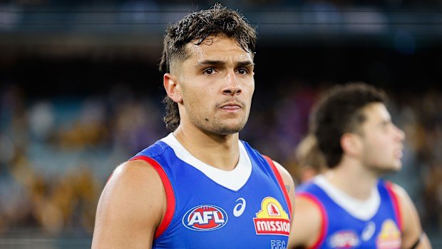 Jamarra Ugle-Hagan of the Bulldogs looks dejected after their 2024 elimination final loss to Hawthorn.