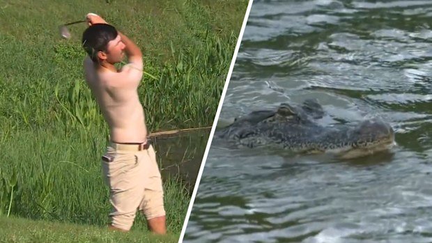 Chandler Phillips boldly removed his shirt, shoes, and socks to play a shot from the precarious edge of an alligator-infested pond during the third round of the PGA Zurich Classic.