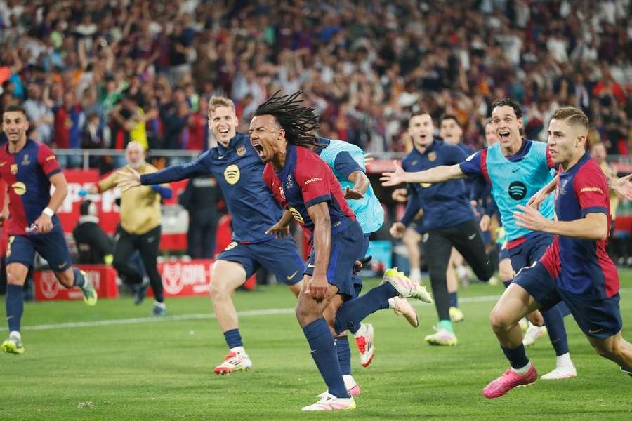 Barcelona's Jules Kounde celebrates a goal Barcelona's Jules Kounde celebrates a goal