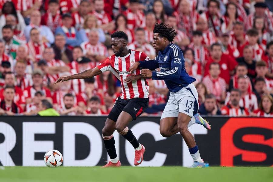 Athletic Club's Inaki Williams competes for the ball with Patrick Dorgu of Manchester United during the Europa League Semi Final First Leg Athletic Club's Inaki Williams competes for the ball with Patrick Dorgu of Manchester United during the Europa League Semi Final First Leg