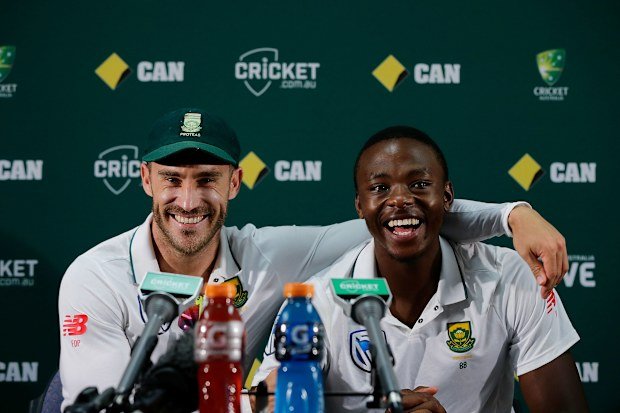 Faf du Plessis (left) and Kagiso Rabada at a press conference after the 2016-17 Perth Test between South Africa and Australia.