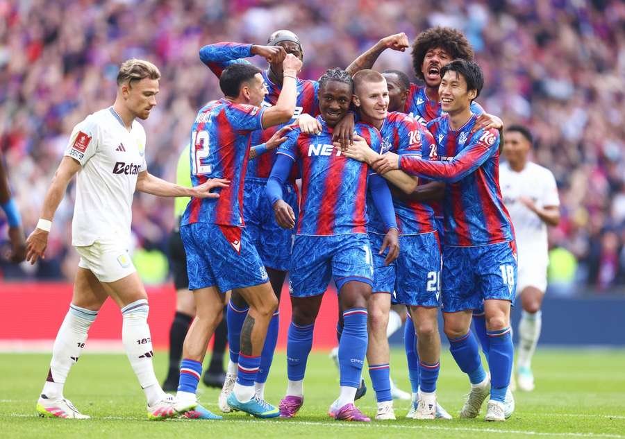 Crystal Palace's Eberechi Eze celebrates scoring the first goal of the FA Cup semi-final against Aston Villa at Wembley Stadium Crystal Palace's Eberechi Eze celebrates scoring the first goal of the FA Cup semi-final against Aston Villa at Wembley Stadium