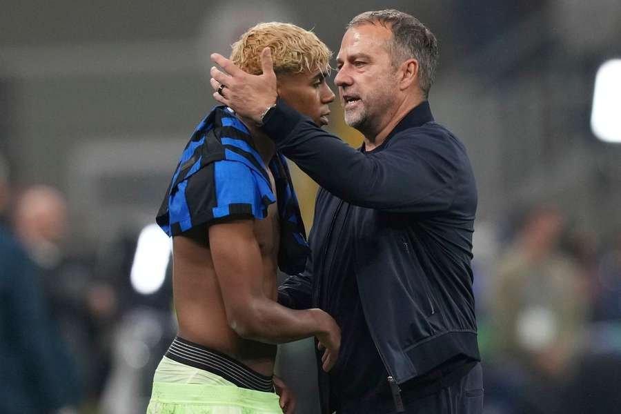 Barcelona's head coach Hansi Flick comforts Lamine Yamal after the Champions League semifinal second leg against Inter Milan on May 6, 2025 Barcelona's head coach Hansi Flick comforts Lamine Yamal after the Champions League semifinal second leg against Inter Milan on May 6, 2025