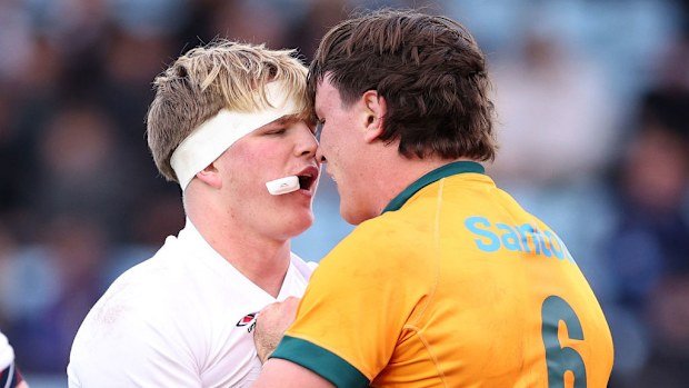 Henry Pollock of England clashes with Tom Hooper of Australia.