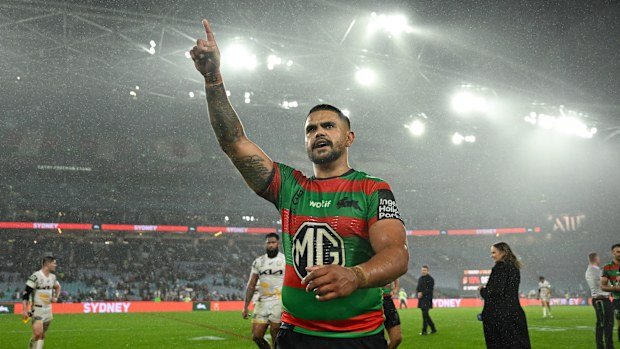 Latrell Mitchell acknowledges the crowd after guiding the South Sydney Rabbitohs to victory against the Brisbane Broncos.