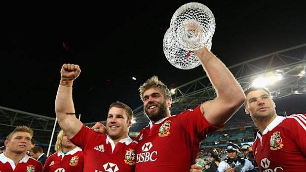 Sean O'Brien and Geoff Parling of the Lions celebrate winning.