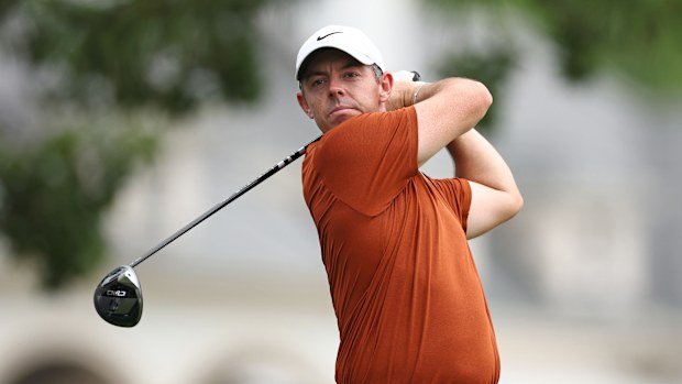 Rory McIlroy of Northern Ireland hits a tee shot on the 15th hole during the second round of the PGA Championship at Quail Hollow Country Club on May 16, 2025 in Charlotte, North Carolina. (Photo by Jared C. Tilton/Getty Images)