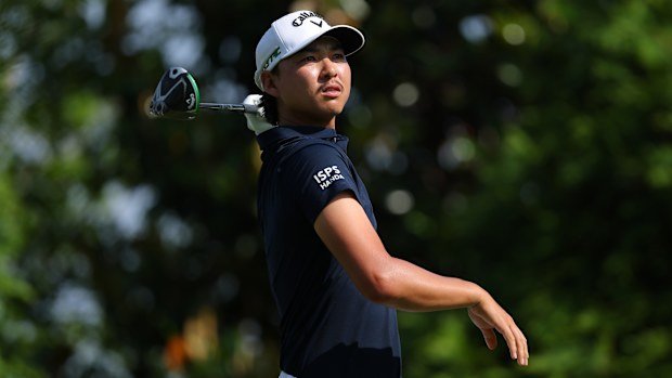 Min Woo Lee of Australia reacts after a tee shot on the 16th hole during the opening round of the PGA Championship at Quail Hollow Country Club on May 15, 2025 in Charlotte, North Carolina. (Photo by Kevin C. Cox/Getty Images)