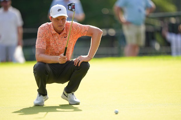 Cam Davis assesses his putt on the ninth hole during the PGA Championship's first round at Quail Hollow Club on Thursday, May 15, 2025 in Charlotte, North Carolina. (Photo by Darren Carroll/PGA of America via Getty Images)