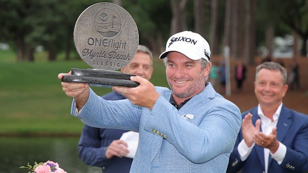 Ryan Fox of New Zealand celebrates with the trophy after winning the final round of the ONEflight Myrtle Beach Classic 2025 at Dunes Golf & Beach Club on May 11, 2025 in Myrtle Beach, South Carolina. (Photo by Jonathan Bachman/Getty Images)