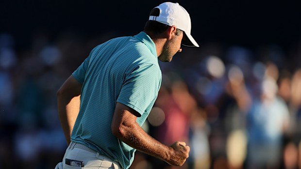 Scottie Scheffler of the United States reacts on the 18th green during the third round of the PGA Championship at Quail Hollow Country Club on May 17, 2025 in Charlotte, North Carolina. (Photo by Alex Slitz/Getty Images)