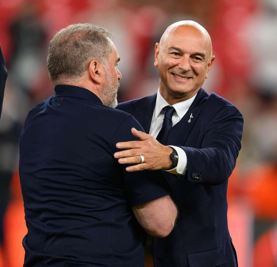 Daniel Levy congratulates Ange Postecoglou post-Europa League win