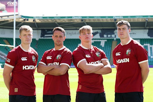 Fin Smith, Alex Mitchell, Henry Pollock and Tommy Freeman in their British and Irish Lions shirts.