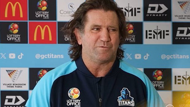 Titans coach Des Hasler speaks to media.