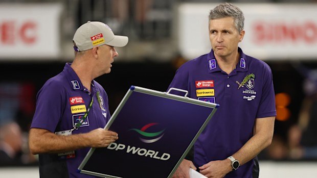 Justin Longmuir, Senior Coach of the Dockers during the 2025 AFL Round 07 match between the Fremantle Dockers and the Adelaide Crows at Optus Stadium on April 25, 2025 in Perth, Australia. (Photo by Janelle St Pierre/AFL Photos via Getty Images)
