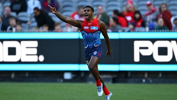 Kysaiah Pickett of the Demons celebrates a goal.
