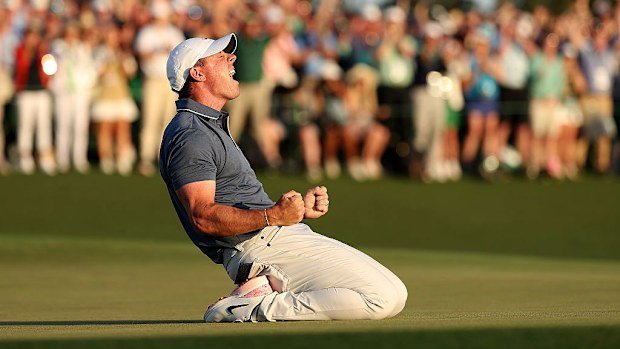 AUGUSTA, GEORGIA - APRIL 13: Rory McIlroy of Northern Ireland celebrates winning the 2025 Masters Tournament after the first playoff hole on the 18th green at Augusta National Golf Club on April 13, 2025 in Augusta, Georgia. (Photo by Richard Heathcote/Getty Images)
