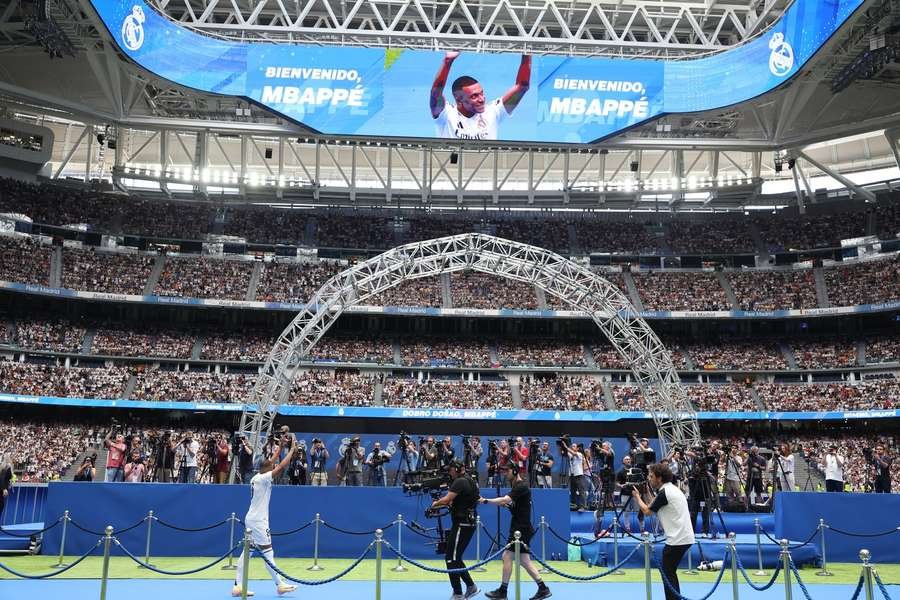 Kylian Mbappe unveiled by Real Madrid at the Santiago Bernabeu Kylian Mbappe unveiled by Real Madrid at the Santiago Bernabeu