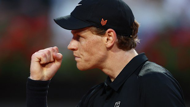 Jannik Sinner of Italy celebrates a point during his Men's Singles Second Round match against Mariano Navone of Argentina on Day Six of the Internazionali BNL D'Italia 2025 at Foro Italico on May 10, 2025 in Rome, Italy. (Photo by Dan Istitene/Getty Images)