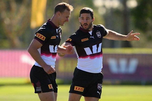 Daly Cherry-Evans and Ben Hunt during a Queensland Maroons state of origin squad training session.