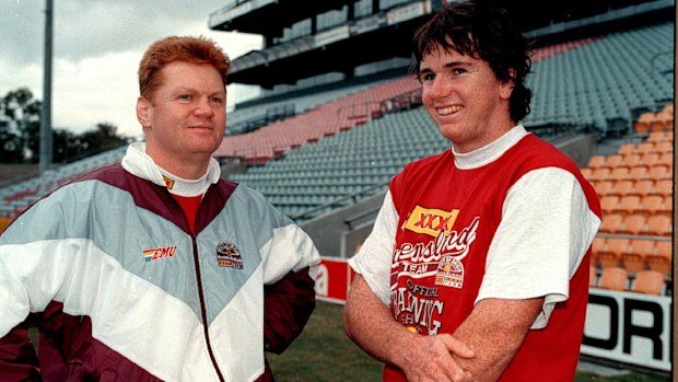 Coach Paul Vautin alongside Queensland rookie Ben Ikin at training in 1995.