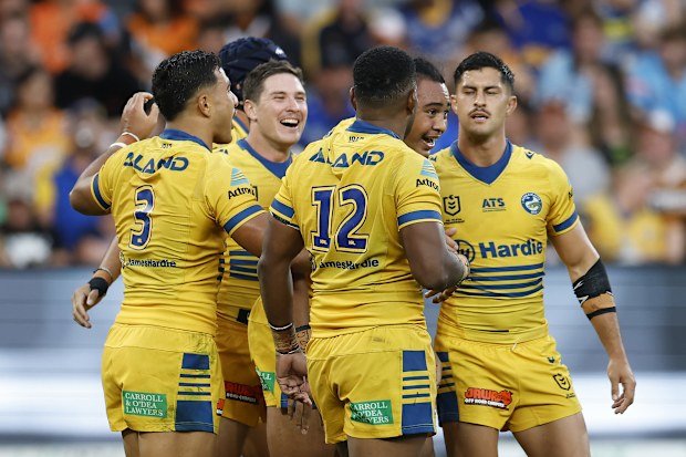 Parramatta players celebrate a try during the round seven NRL match between Wests Tigers and Parramatta Eels at CommBank Stadium, on April 21, 2025, in Sydney, Australia. (Photo by Darrian Traynor/Getty Images)
