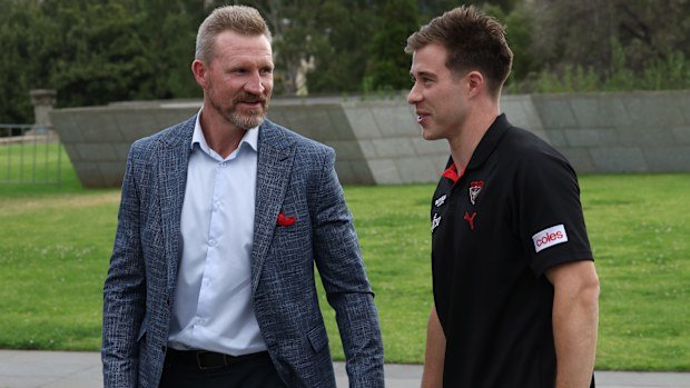 Nathan Buckley and Zach Merrett ahead of Anzac Day