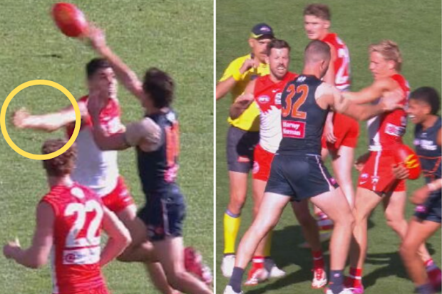 Lewis Melican hitting Toby Bedford (left) and Isaac Heeney getting pinged for holding the ball.