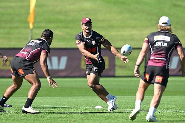 Robert Toia training with his new Maroons teammates.