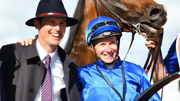 Trainer James Cummings and jockey James McDonald celebrate a Godolphin victory.