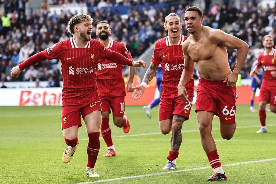 Trent Alexander-Arnold of Liverpool celebrates his goal against Leicester City Trent Alexander-Arnold of Liverpool celebrates his goal against Leicester City