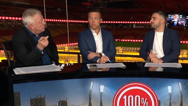 Phil Gould confronted journalist Michael Chammas (third from right).