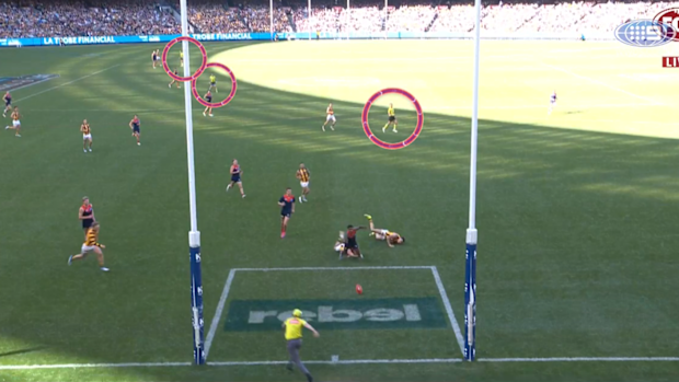 The umpires' line of sight when Kysaiah Pickett was tripped.